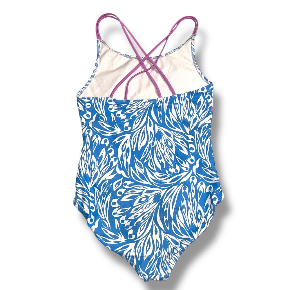 Spyder Girls Swimsuit One Piece Strappy Feather Print Blue White Purple XL 16 - Picture 4 of 9